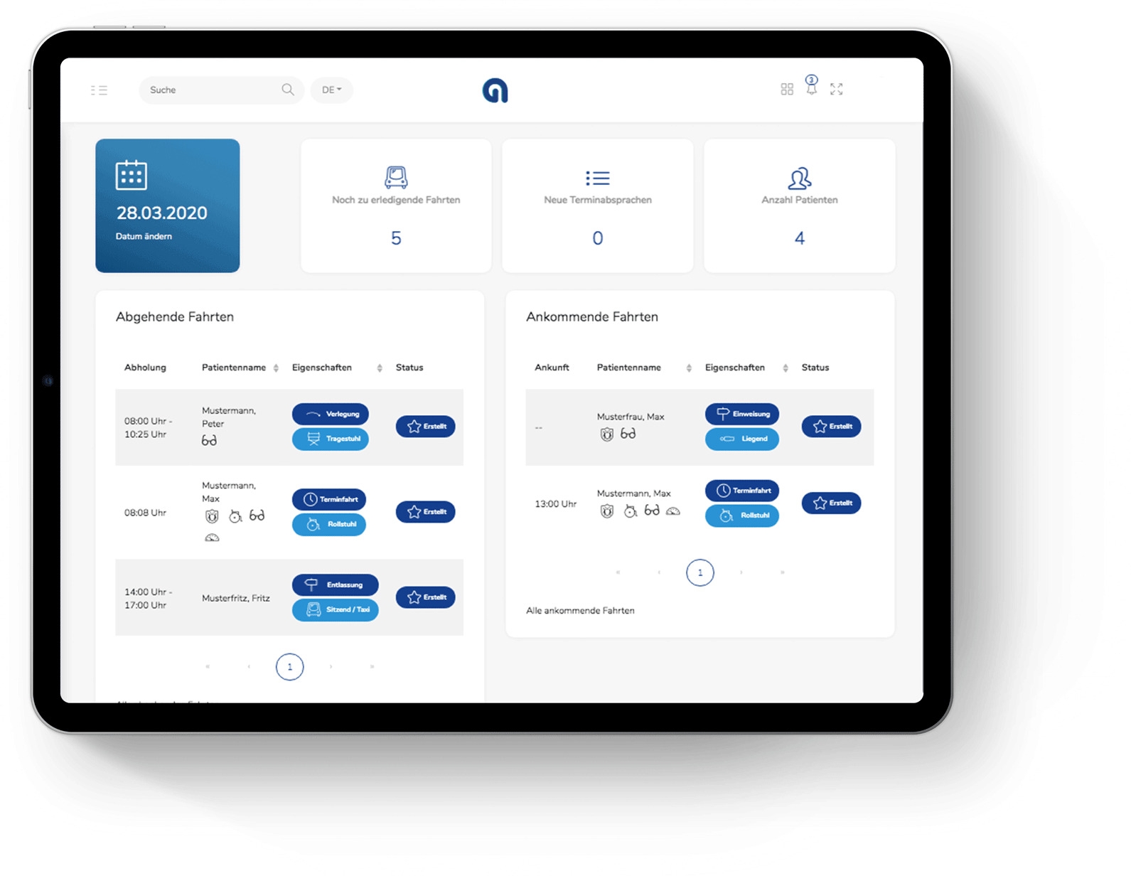 Pflegekräfte sehen alle Informationen zu ankommenden bzw. abgehende Fahrten